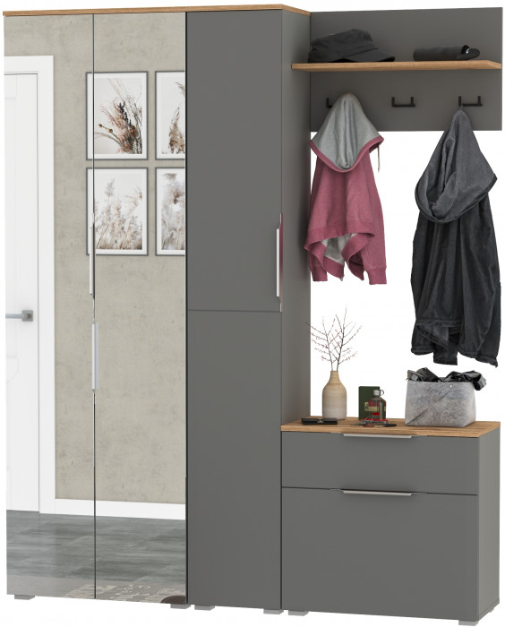 Октава Прихожая 22, цвет серый графит/дуб крафт золотой/фасады МДФ серый графит, ШхГхВ 161,5х35,4х197,6 см., универсальная сборка