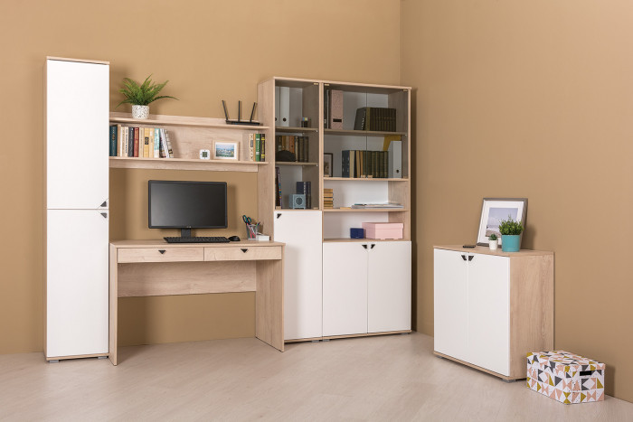 КР100 Бостон 13.154 Шкаф, цвет дуб эндгрейн элегантный/фасады МДФ милк рикамо софт, ШхГхВ 38,6х35,1х194,4 см., универсальная сборка