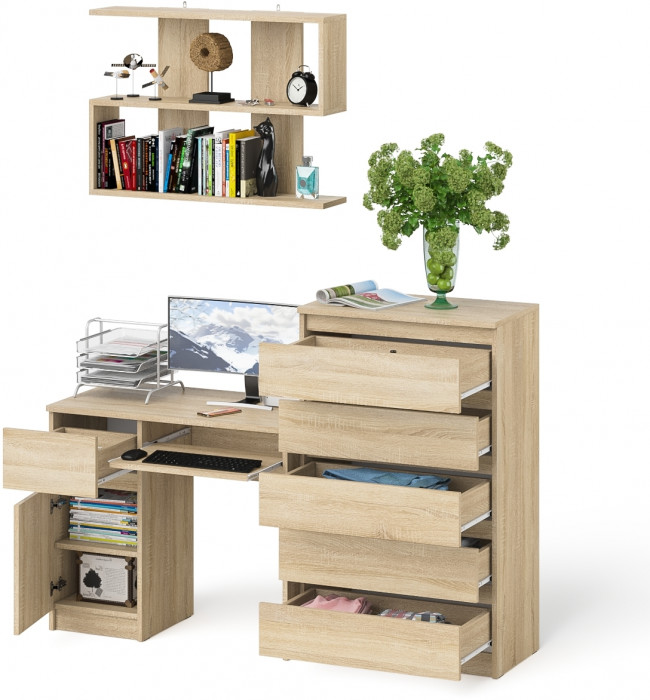 Мори Стол компьютерный МС-1 левый + Комод МК700.5 + Полка 900, цвет дуб сонома, ШхГхВ 160,4х50х209,6 см., НЕ универсальная сборка