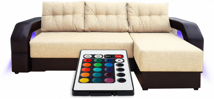 Диван-кровать раскладной еврокнижка, угловой Манчестер, с подсветкой, ширина спального места 160 см, рогожка/экокожа, бежевый