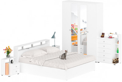 Камелия спальня № 4 Кровать 1800 + Две тумбы + Комод + Шкаф 4-х створчатый, белый