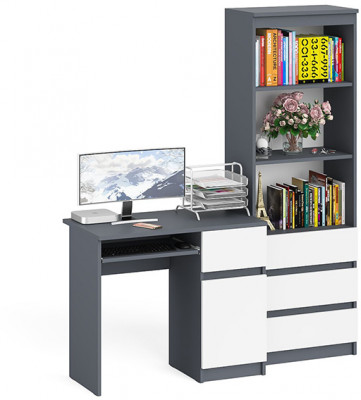 Мори компьютерный стол МС-1 правый + Стеллаж МСТ600.3, графит/белый