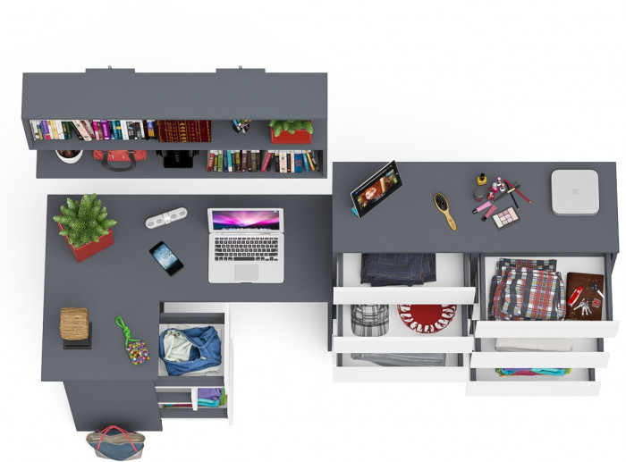 Мори компьютерный стол МС-16 левый + Комод МК1200.10 + Полка 1200, графит/белый