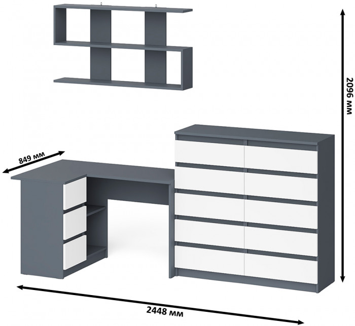 Мори компьютерный стол МС-16 левый + Комод МК1200.10 + Полка 1200, графит/белый