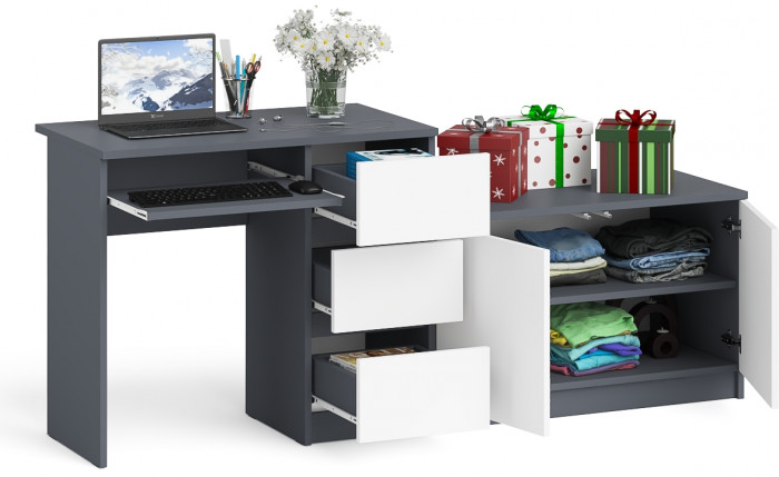 Мори компьютерный стол МС-6 правый + Тумба МА900.1, графит/белый