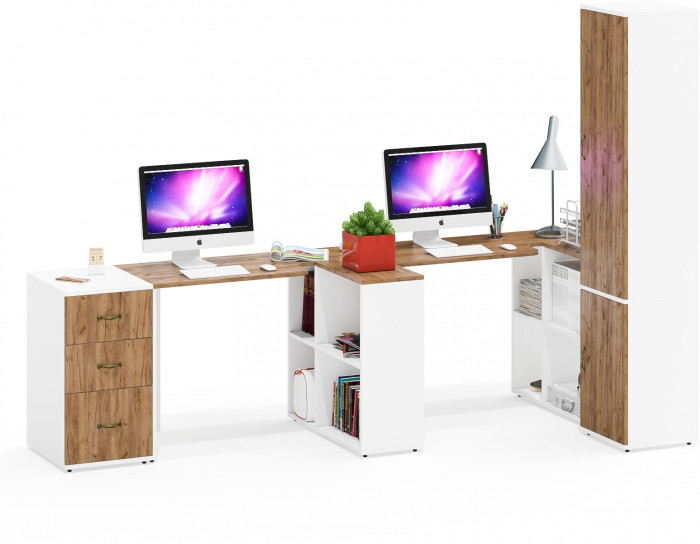 Лидер-8 Стол + Стол + Пенал МД 21Б + Тумба МД 3.16, цвет белый шагрень/крафт золото, ШхГхВ 410х50/37,5х75/190 или 270х120/50х75/190 см., НЕ ун. сб.