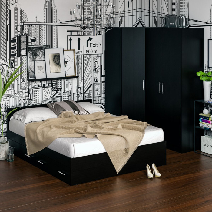 Спальня Стандарт 2-1600Я, цвет венге, ШхГхВ 163,5х203,5х70 + 171,2х81,2х200 см., сп.м. 1600х2000 мм., без матраса, основание есть