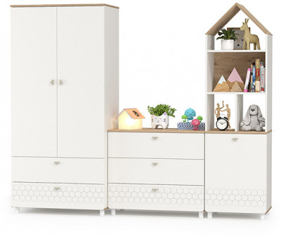 Эйп 13.334 Шкаф для одежды + 13.322 Комод + 13.14 Стеллаж, цвет белый/дуб белый, ШхГхВ 223х51,1х183,8 см., универсальная сборка