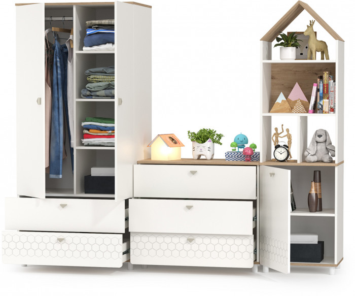 Эйп 13.334 Шкаф для одежды + 13.322 Комод + 13.14 Стеллаж, цвет белый/дуб белый, ШхГхВ 223х51,1х183,8 см., универсальная сборка