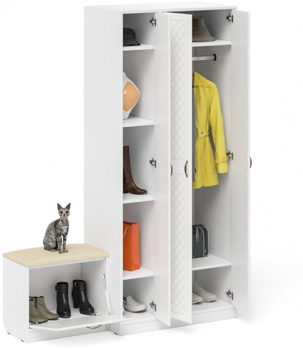 Прихожая П-6 Компоновка № 45, цвет белая шагрень/фасады МДФ белое дерево фрезеровка ромб, ШхГхВ 150х50х210 см., универсальная сборка