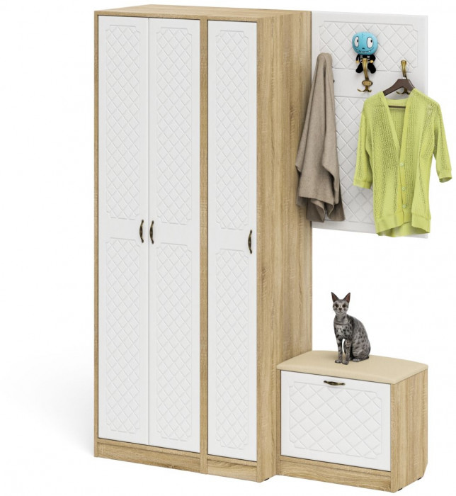 Прихожая П-6 Компоновка № 47, цвет дуб сонома/фасады МДФ белое дерево фрезеровка ромб, ШхГхВ 150х50х210 см., универсальная сборка