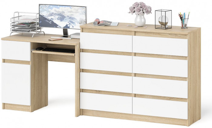 Мори Стол компьютерный МС-1 левый + Комод МК1200.8, цвет дуб сонома/белый, ШхГхВ 210,4х50х94 см., выдвижной ящик слева, НЕ универсальная сборка