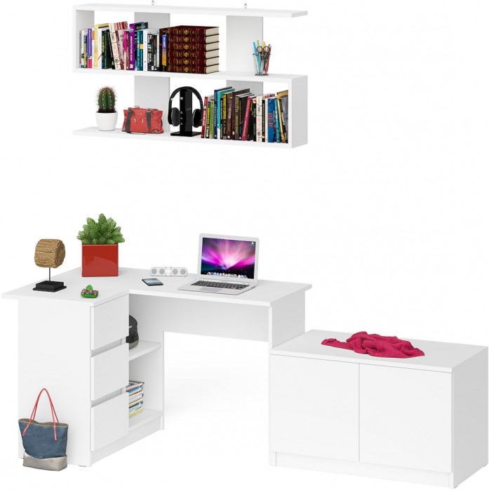 Мори Стол компьютерный МС-16 левый + Тумба МА900.1 + Полка 1200, цвет белый, ШхГхВ 214,8х84,9х209,6 см., НЕ универсальная сборка