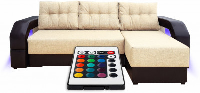 Диван-кровать раскладной еврокнижка, угловой Манчестер , с подсветкой, рогожка/экокожа, ширина спального места 150 см, бежевый