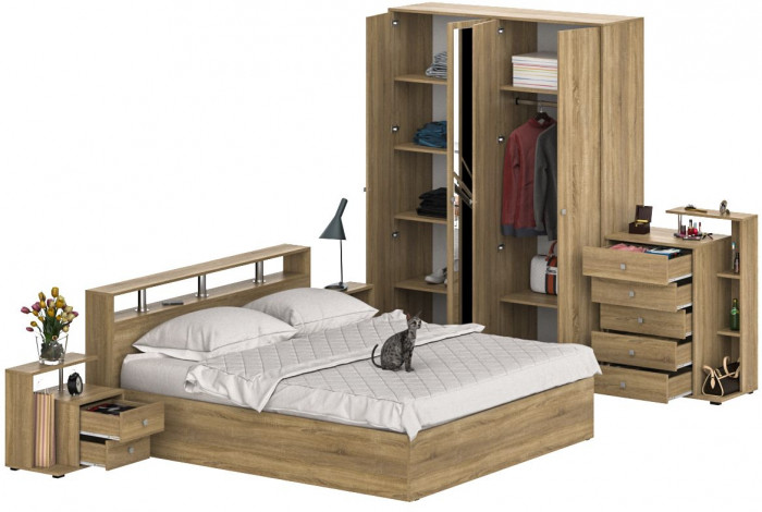 Камелия спальня № 4 Кровать 1800 + Две тумбы + Комод + Шкаф 4-х створчатый, дуб сонома