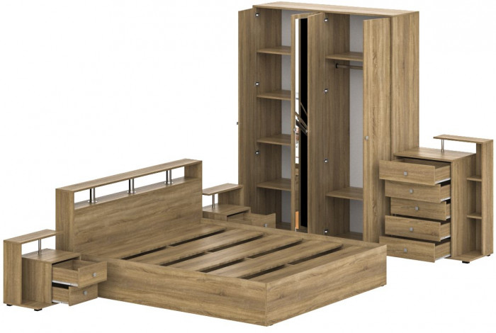 Камелия спальня № 4 Кровать 1800 + Две тумбы + Комод + Шкаф 4-х створчатый, дуб сонома