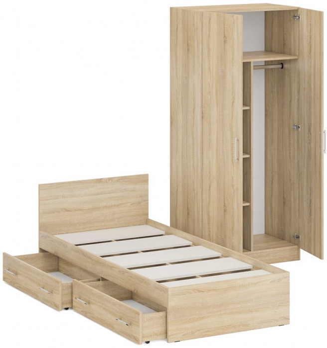 Кровать с ящиками 0900 + Шкаф 2-х створчатый Стандарт, дуб сонома