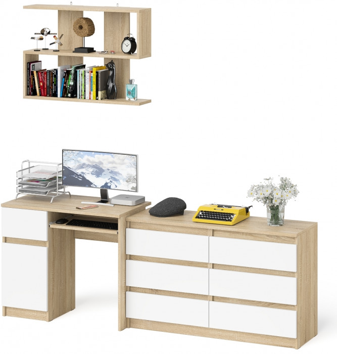 Мори компьютерный стол МС-1 левый + Комод МК1200.6 + Полка 900, дуб сонома/белый