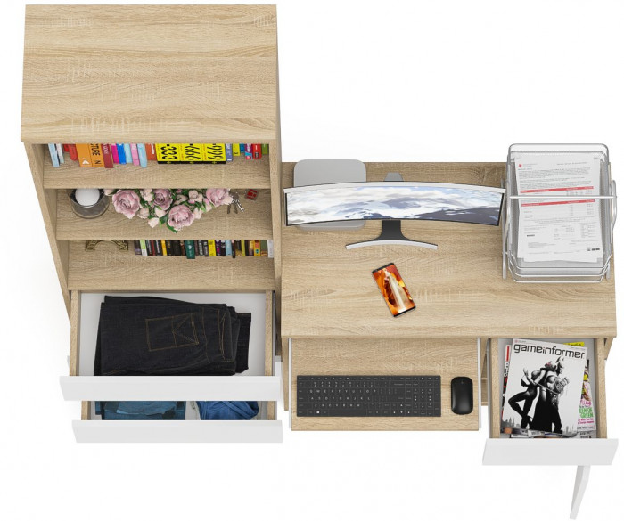 Мори компьютерный стол МС-1 правый + Стеллаж МСТ600.3, дуб сонома/белый