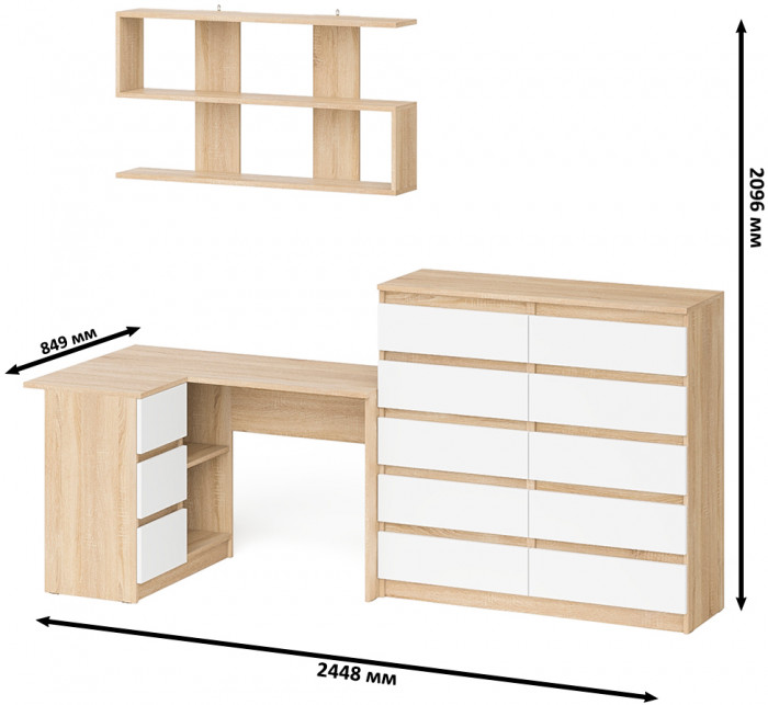 Мори компьютерный стол МС-16 левый + Комод МК1200.10 + Полка 1200, дуб сонома/белый