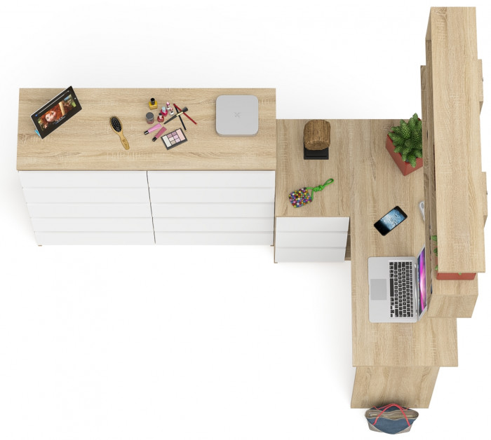 Мори компьютерный стол МС-16 левый + Комод МК1200.10 + Полка 1200, дуб сонома/белый