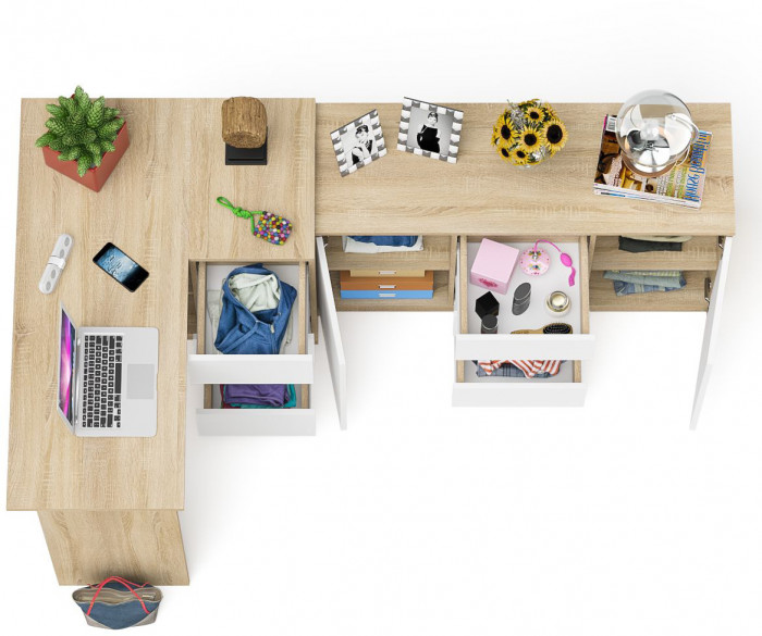 Мори компьютерный стол МС-16 правый + Комод МК1200.3, дуб сонома/белый