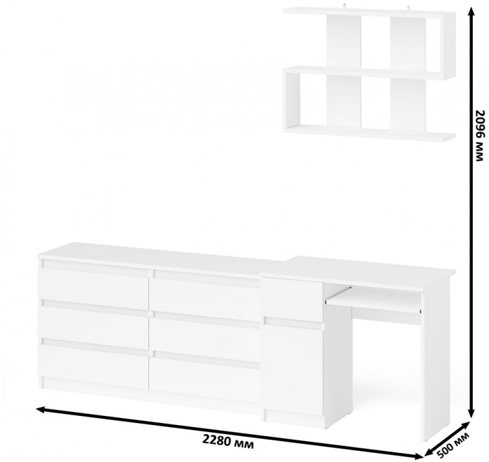 Мори Стол компьютерный МС-1 левый + Комод МК1380.6 + Полка 900, цвет белый, ШхГхВ 228х50х209,6 см., НЕ универсальная сборка