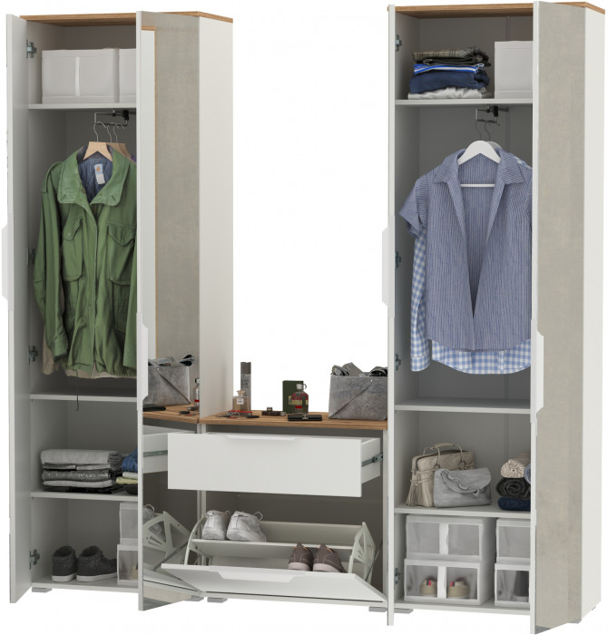 Октава Прихожая 24, цвет белый шагрень/дуб крафт золотой/фасады МДФ белый шагрень, ШхГхВ 193,7х35,4х197,6 см., универсальная сборка