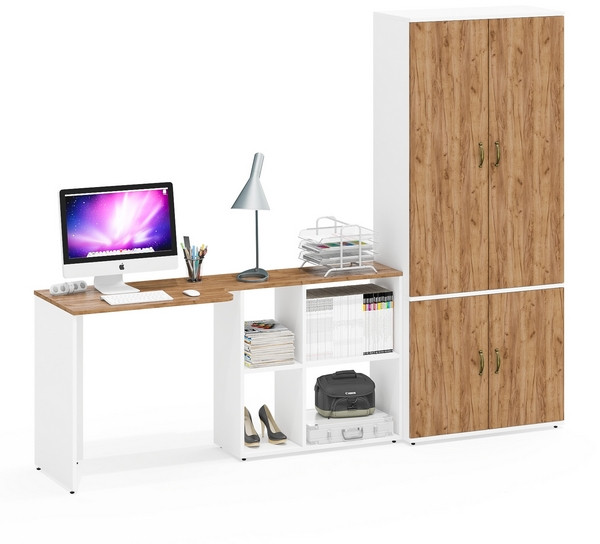 Лидер-8 Стол + Шкаф МД 20Б, цвет белый шагрень/крафт золото, ШхГхВ 245х50/37,5х75/190 или 115х160/50х75/190 см., НЕ универсальная сборка