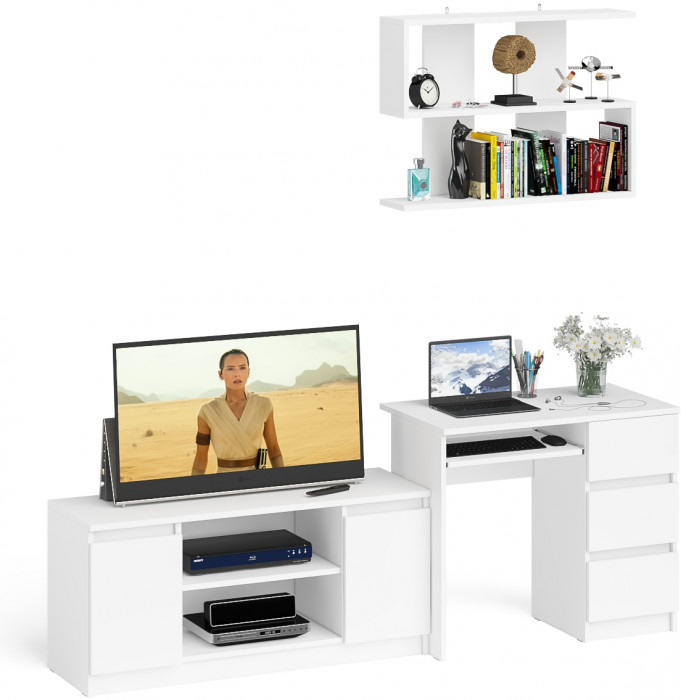 Мори компьютерный стол МС-6 правый + Тумба МТВ1200.1 + Полка 900, белый