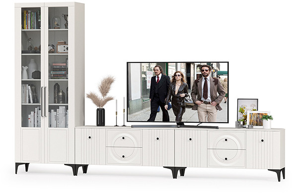 Валенсия Гостиная № 082, цвет ЛДСП белый шагрень/МДФ белый шагрень, ШхГхВ 350,3х38,3х225,2 см., универсальная сборка