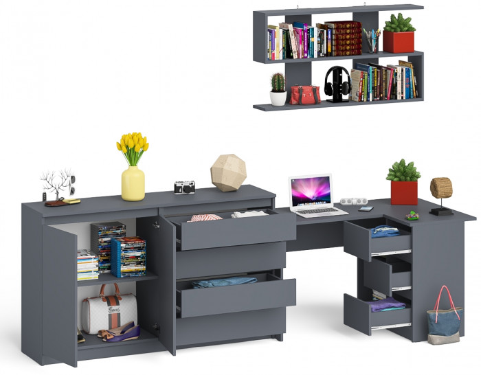 Мори компьютерный стол МС-16 правый + Комод МК1600.1 + Полка 1200, графит